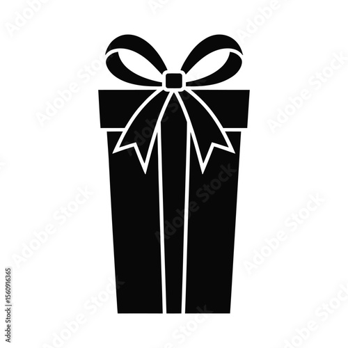 Black silhouette of a gift box with a ribbon and bow isolated on white background