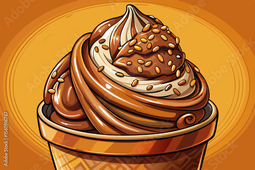 Gourmet chocolate ice cream with rich caramel swirl, combining deep cocoa flavor and velvety texture in a luxurious dessert perfect for indulgent moments