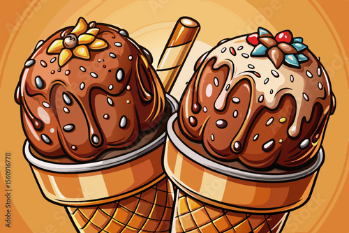 Gourmet chocolate ice cream with rich caramel swirl, combining deep cocoa flavor and velvety texture in a luxurious dessert perfect for indulgent moments