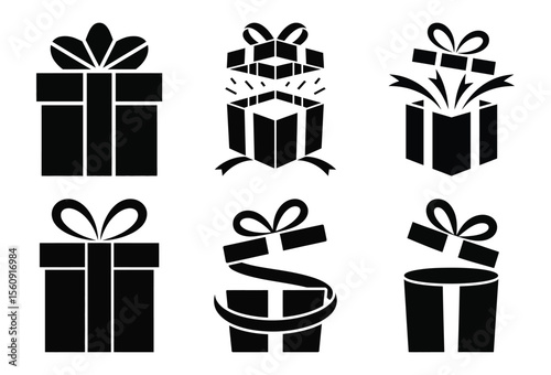 Collection of six gift box icons in silhouette style isolated on white background