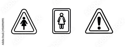 Three Informational Signs Depicting Women's Restroom and Warning Alert Symbols