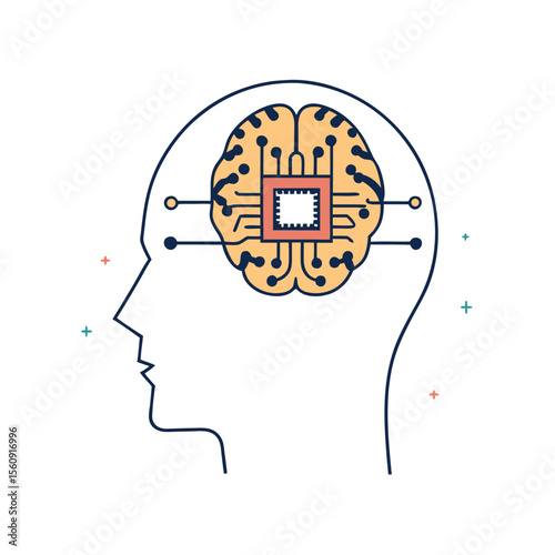 Human brain with microchip design illustrating technological integration in cognitive processes and artificial intelligence advancements Generative AI