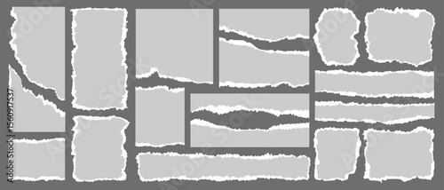 Big set of white torn paper sheet, ripped newspaper strip, retro texture background, text message banner, sticky note and grunge notebook page collage with uneven edge and realistic shadow. Torn paper