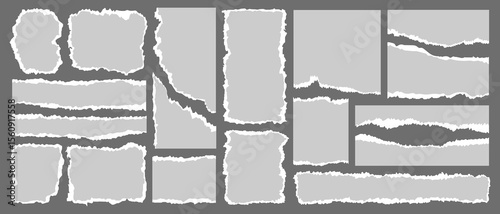 Big set of white torn paper sheet, ripped newspaper strip, retro texture background, text message banner, sticky note and grunge notebook page collage with uneven edge and realistic shadow. Torn paper
