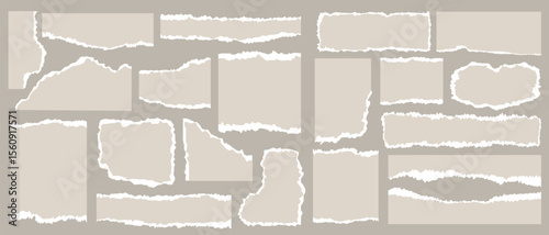 Ripped newspaper strip, white torn paper sheet, grunge notebook page and sticky note in a big set with uneven edge and realistic shadow forming a retro texture background and text message banner. Art.