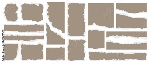 Big set of white torn paper sheet, ripped newspaper strip, retro texture background, text message banner, sticky note and grunge notebook page collage with uneven edge and realistic shadow. Torn paper