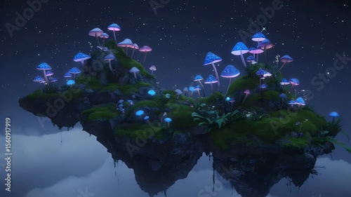 Enchanted Floating Islands with Luminous Mushrooms at Night, Fantasy Landscape