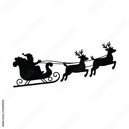 Santa claus in a sleigh pulled by reindeer silhouette isolated on white background