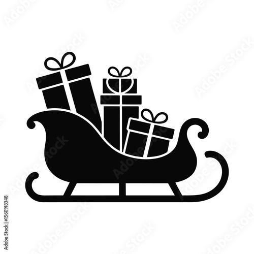 Christmas sleigh filled with gifts silhouette isolated on white background