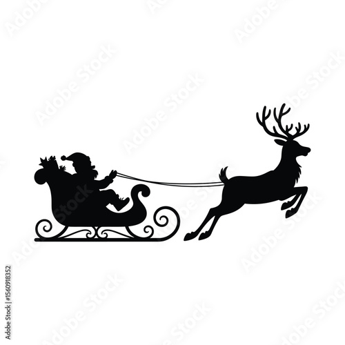 Santa claus riding a sleigh pulled by a reindeer silhouette isolated on white background