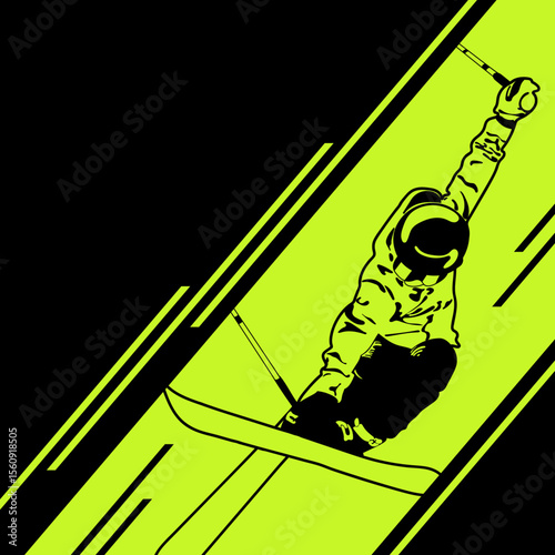 extreme jump on freestyle ski on neon background, modern ski