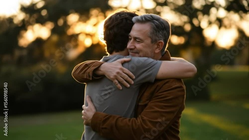 Father and son hugging, family moment outdoors