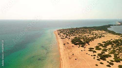 Aerial sea landscape view of a wild sand beach in Corfu, Greece