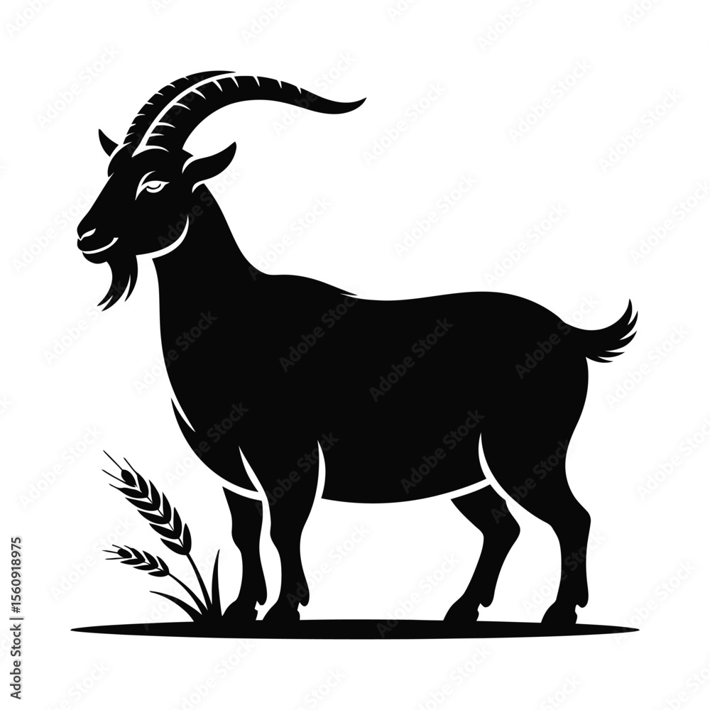 Fototapeta premium Black goat silhouette with horns and beard standing near wheat isolated on white background