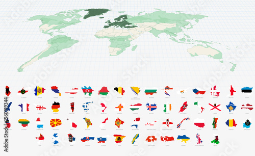 European Country Shapes with Flags on a Highlighted World Map