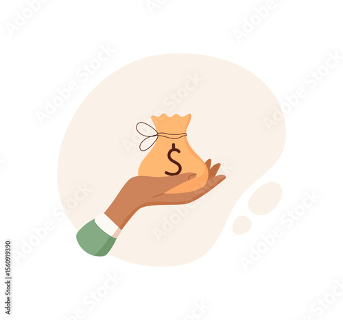 Hand holding money sack. Gesture of cash transfer. Payment concept, flat style, suitable for business and finance visuals.