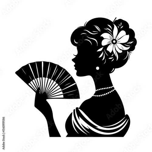 扇子を持った女性のシルエットイラスト