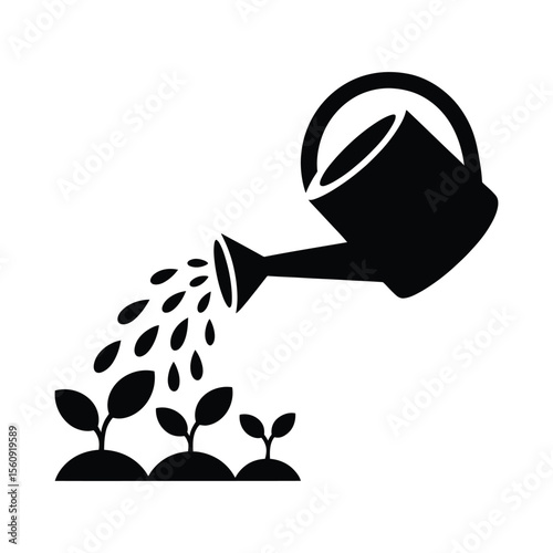 Black silhouette of a watering can watering small plants isolated on white background