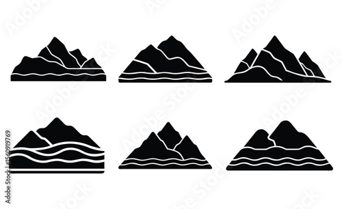 Mountain Landscape Silhouettes Vector Icons Set.