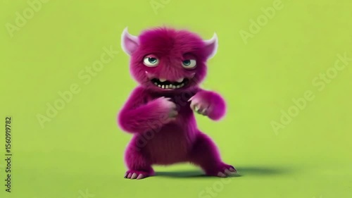 Dancing Pink Furry Monster on Vibrant Background
