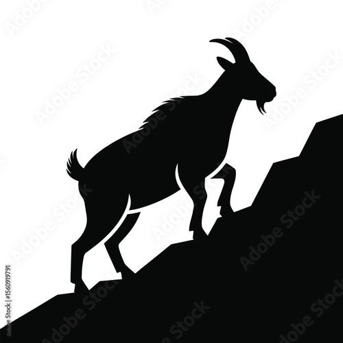 Black silhouette of a goat climbing a steep rocky slope isolated on white background silhouette