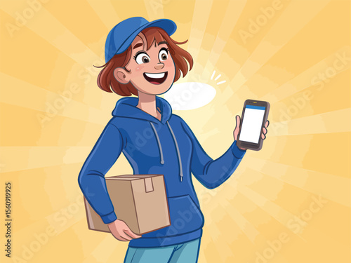 Delivery girl using delivery app on phone holding box for fast shipping cartoon illustration art