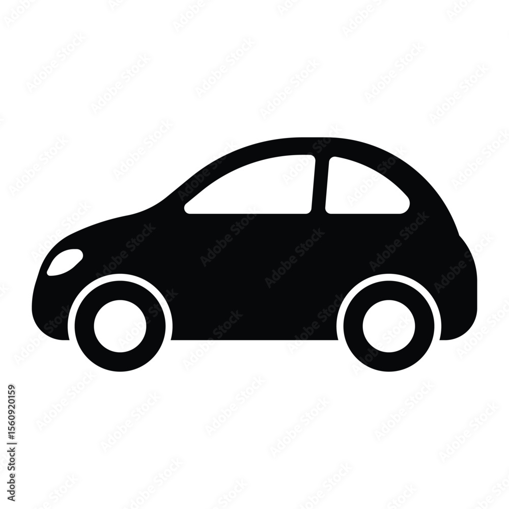 Obraz premium Compact city car icon. Side view silhouette of small vehicle for transportation, rental, urban travel, or driving apps. Vector illustration, isolated.