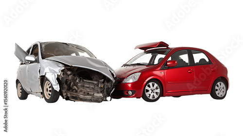 A silver car with significant front end damage next to a red car on an isolated black background scene