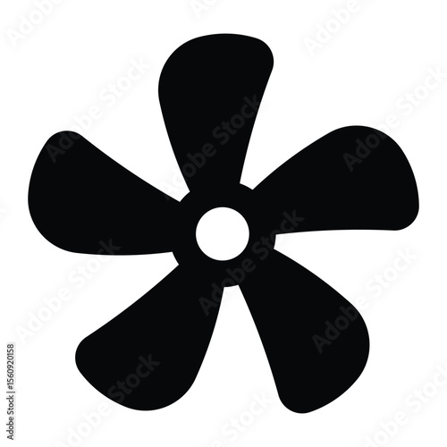 Five blade fan icon. Black propeller or ventilation silhouette symbol for cooling, HVAC, machinery, engine or industrial system. Vector illustration, isolated.