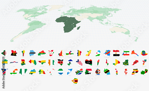 African Country Shapes with Flags on a Highlighted World Map