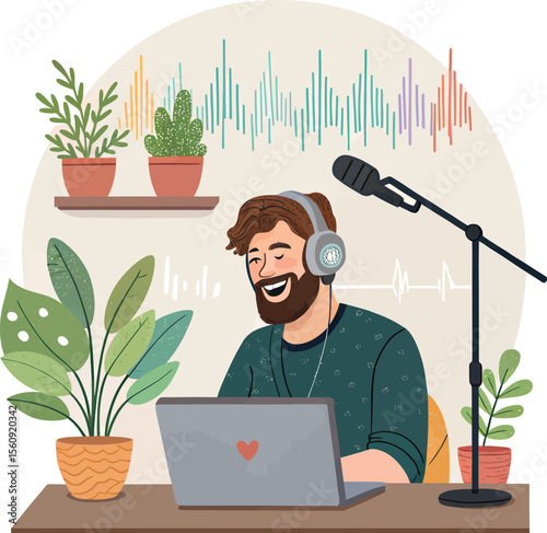 Man recording podcast with microphone and laptop at home studio for online content creation