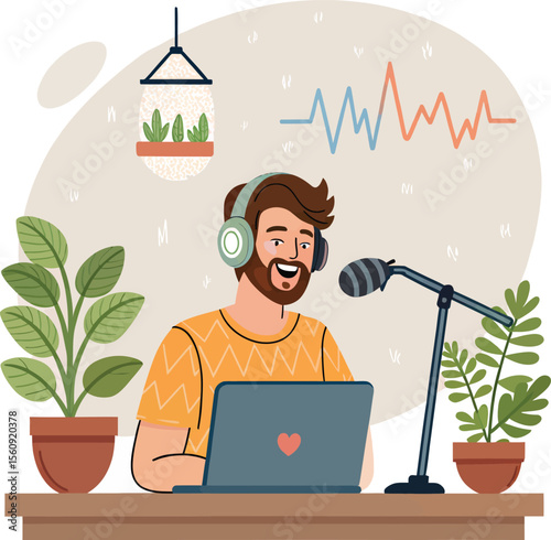 Podcast recording setup illustration with man laptop microphone and plants for online content creation