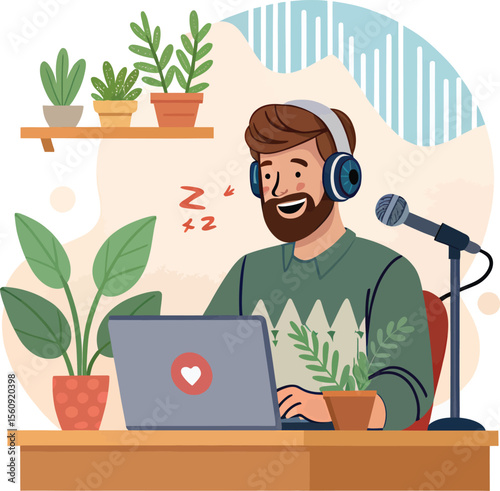 Man recording podcast at home with laptop microphone and headphones for content creation vector design