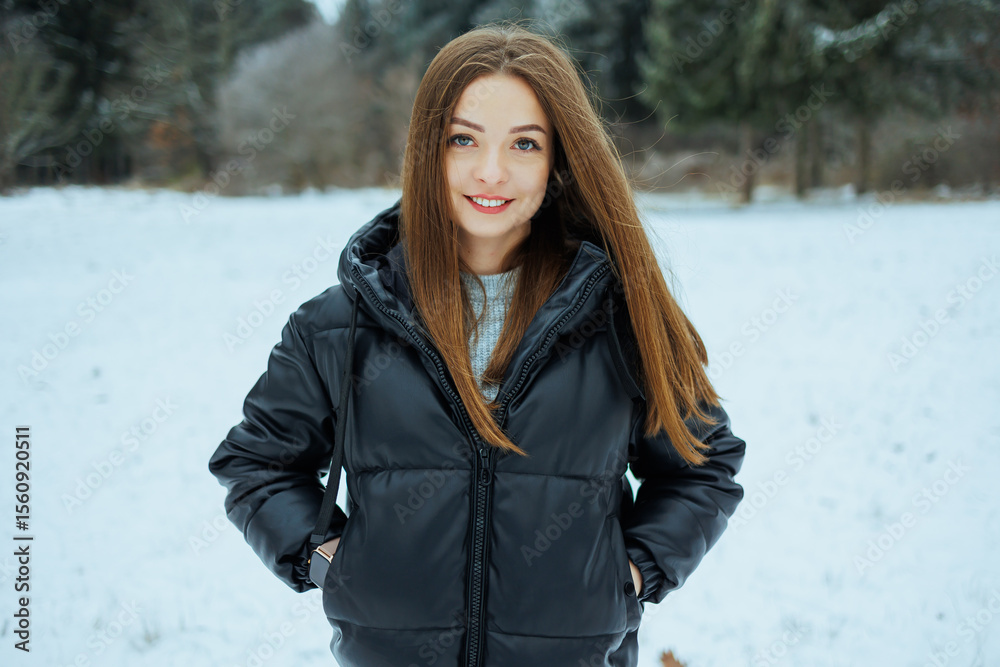 A Young Woman Wearing a Cozy Puffer Jacket is Joyfully Smiling in a Beautiful Snowy Winter Landscape, Surrounded by Frosty Fields and Delicate Snowflakes, Radiating Happiness and Carefree Adventure A Young Woman Wearing a Cozy Puffer Jacket is Joyfully Smiling in a Beautiful Snowy Winter Landscape, Surrounded by Frosty Fields and Delicate Snowflakes, Radiating Happiness and Carefree Adventure