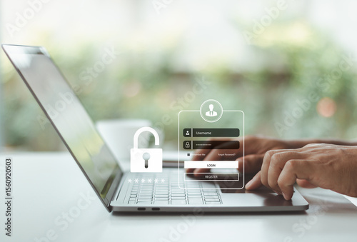 Login authentication, cybersecurity concept with user entering password on laptop for secure access to online account, private information, multi-factor authentication, and data protection. Cyberspace