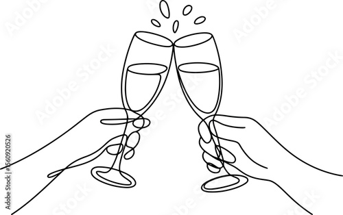 Two hands elegantly clink champagne glasses in a joyful toast, all formed by a single continuous line. 