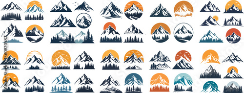 Mega Pack of Nature Landscape Logos: A large vector set of mountain, forest, and wilderness icons. Adventure travel symbols and emblems isolated on a white background.