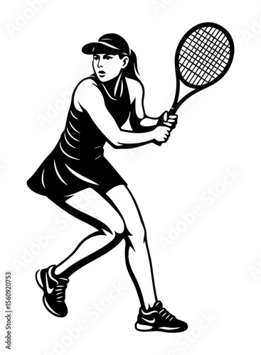 Female tennis player serving with racket, SVG cut out illustration with transparent background