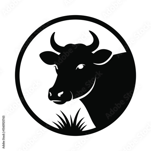 Black cow head silhouette in a circle with grass isolated on white background silhouette