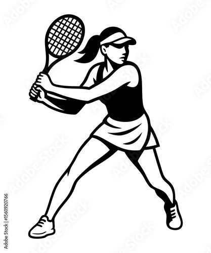 Female tennis player in dynamic hit pose, vector SVG with cut out style and transparent background