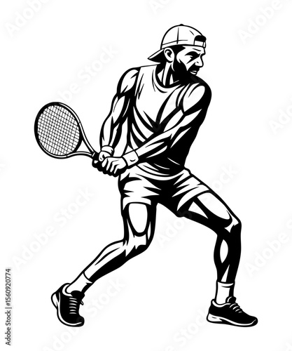 Male tennis player in action with racket, SVG illustration isolated on transparent background