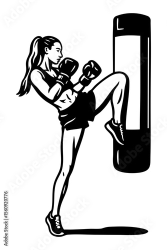 Strong female boxer in punching pose, vector SVG illustration with transparent background