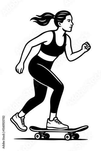 Female skateboarder in action pose, SVG vector with transparent background, isolated cut out style for sports or youth design
