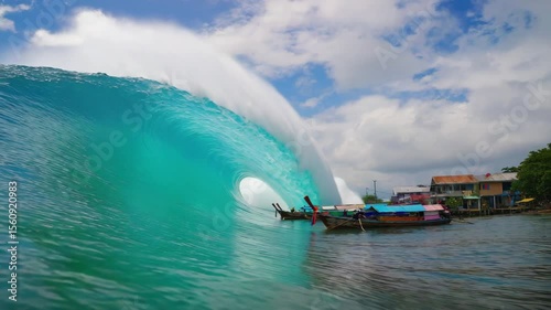 Huge Ocean Wave Near Fishing Village in Southeast Asia

