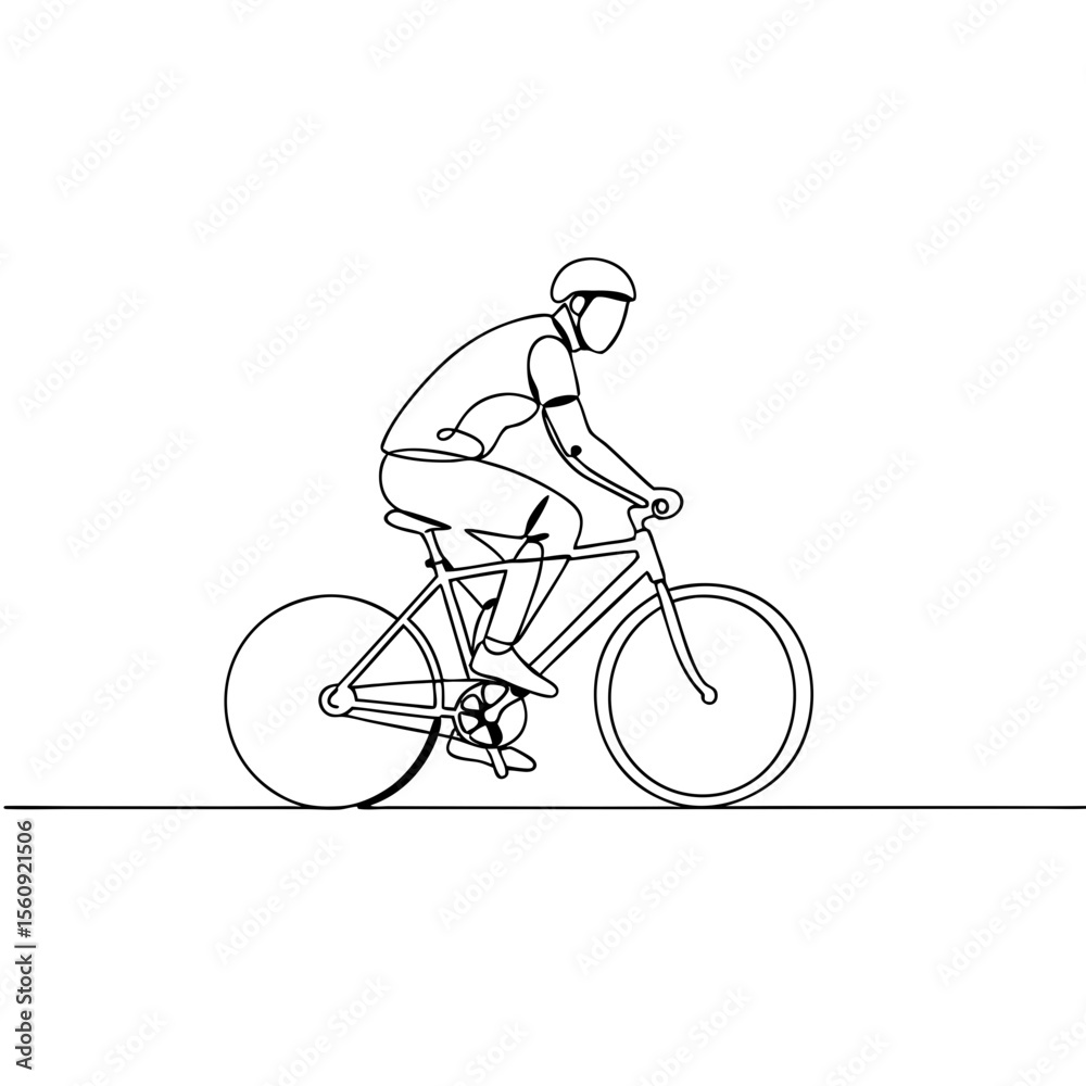 Fototapeta premium Man cyclist riding bicycle in continuous line art drawing style. One line drawing. Sport cycling theme. Vector illustration