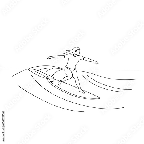 Continuous line drawing of a woman in a swimsuit surfing on a wave, portraying summer sport and recreation. Vector illustration for travel, activity, or fitness design