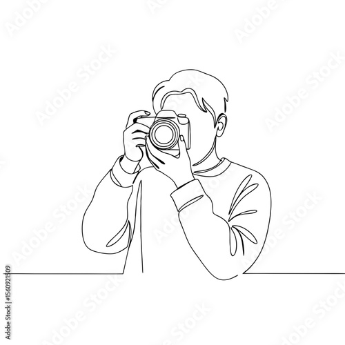 Continuous line drawing of a man holding and aiming a camera. Concept art for photography, hobby, creativity. Simple outline style. Vector illustration for web, print, blog, banner design