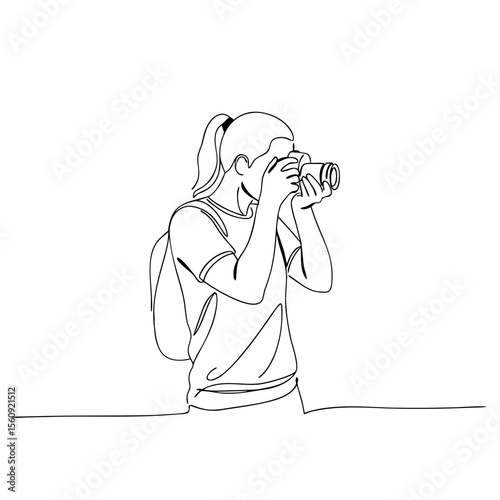 Woman photographer taking photo with camera in continuous line drawing style. Tourist on sightseeing trip. Concept of hobby, profession, travel, art. Vector illustration for banner, poster, card
