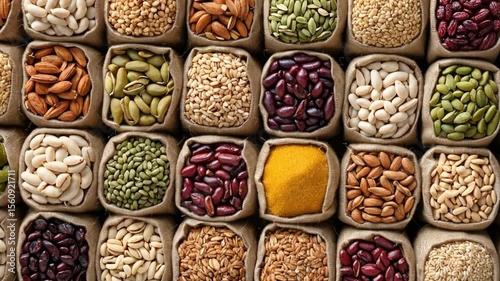 An overhead shot of various beans, seeds, and nuts displayed in small burlap sacks in rows and columns