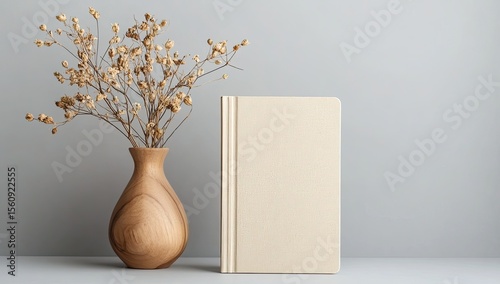 Cream notebook beside wooden vase with dried flowers